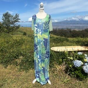 Vintage 90s Y2K CITe Blue Green Hawaiian hula Fish Print Short Sleeve Maxi Dress